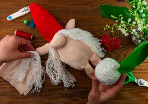 Scandinavian gnome making step by step handmade tutorial. Homemade fabric swe Stock Photos