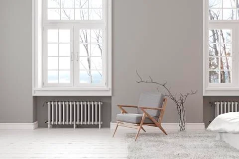 Scandinavian gray empty interior with lounge armchair, window and carpet. Stock Illustration