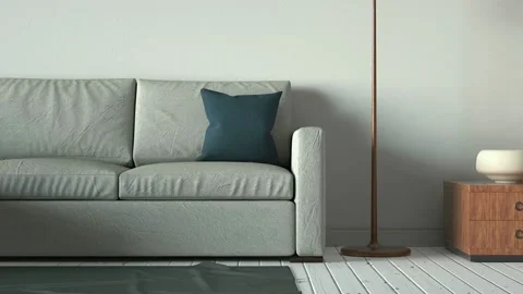 Scandinavian grey sofa close up with white floors camera truck movement Stock Footage 134076199