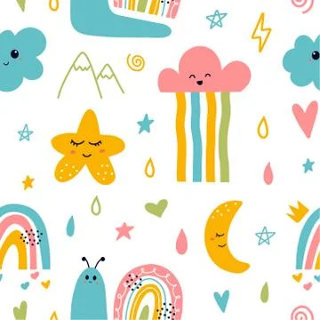 Scandinavian hand drawn seamless pattern with moon sun rainbow Stock Illustration