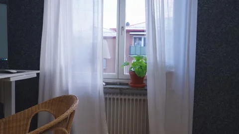 Scandinavian Home Office Interior with Window and Natural Light Stock Footage 328054301