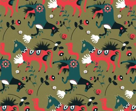 Scandinavian horses pattern flat color design Stock Illustration