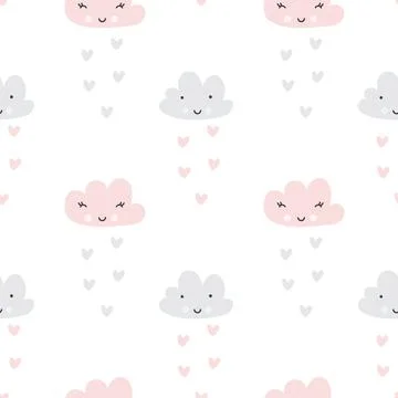 Scandinavian kid Seamless pattern. Face Clouds and rain hearts texture Ilustración de archivo