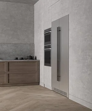 Scandinavian kitchen interior design with refrigerator and oven. Decoration with Stock Illustration