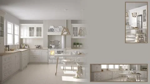 Scandinavian kitchen presentation with copy space and details closeup, archit Stock Illustration