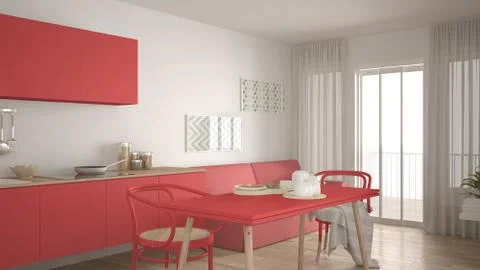 Scandinavian kitchen with sofa and table, wooden parquet floor, white and red Stock Illustration