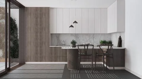 Scandinavian kitchen in white and dark wooden tones. Island with stools and.. Stock Illustration