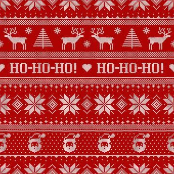 Scandinavian knitted seamless pattern with Santa Clauses and deers. 스톡 일러스트