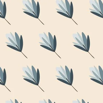 Scandinavian Leaf Seamless Pattern Blue Grey Layered Leaves On Beige Backgr.. Stock Illustration