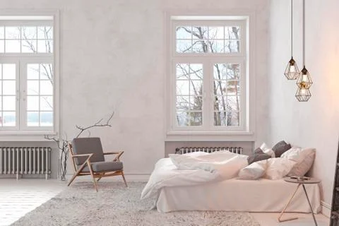 Scandinavian, loft interior empty white bedroom. 3d render illustration mock up. Stock Illustration
