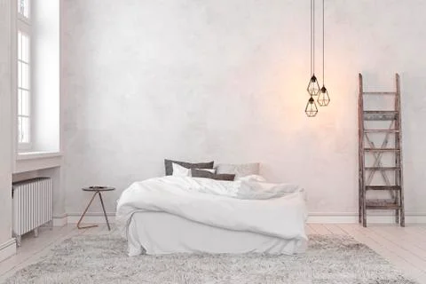 Scandinavian, loft interior empty white bedroom. 3d render illustration mock up. Stock Illustration