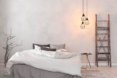 Scandinavian, loft interior empty white bedroom. 3d render illustration mock up. Stock Illustration