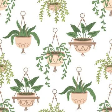 Scandinavian macrame plant Seamless Pattern. Boho home interior decor. Stock Illustration