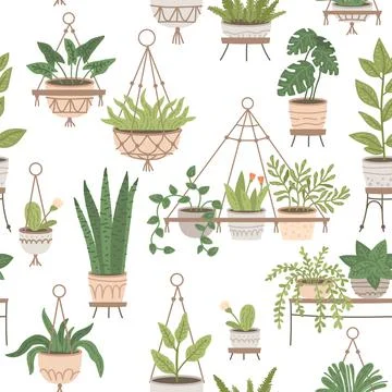 Scandinavian macrame plant Seamless Pattern. Boho home interior decor. Stock Illustration