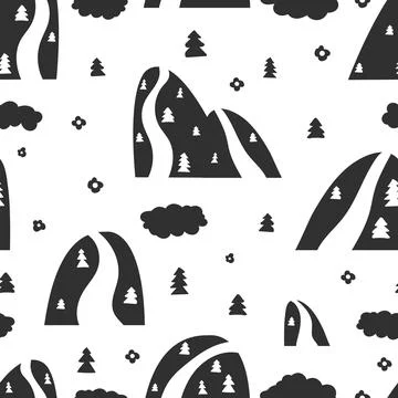 Scandinavian mountains pattern. Abstract doodle forest, rocks with trees Illustrazione stock