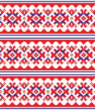 Scandinavian, Nordic vector seamless pattern, Lapland long red and blue folk art Stock Illustration