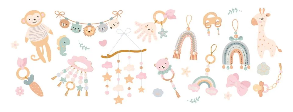 Scandinavian nursery boho style elements. Baby toys, rainbow, giraffe and monkey Illustrazione stock