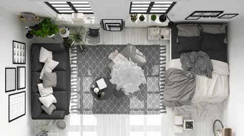 Scandinavian open space in white and gray tones, living room and bedroom with Stock Illustration