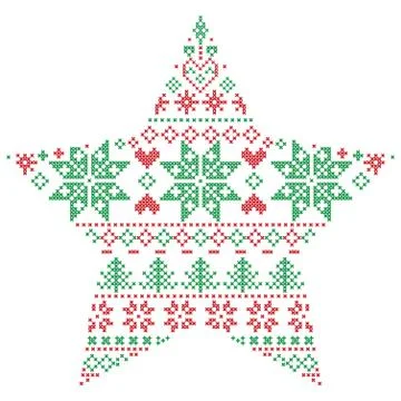 Scandinavian pattern in star shape in green and red Stock Illustration