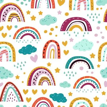 Scandinavian rainbow pattern. Seamless print, pastel baby nursery wallpaper Stock Illustration