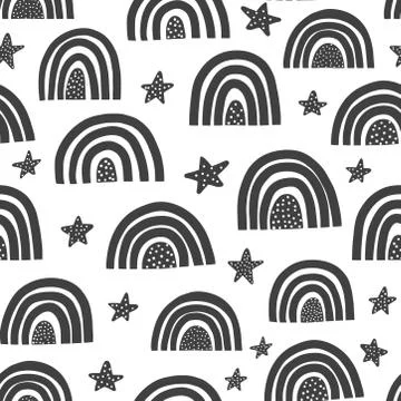 Scandinavian rainbows seamless pattern. Black and white doodle background Stock Illustration