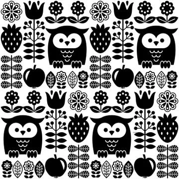 Scandinavian seamless cute pattern with owls and flowers Stock Illustration