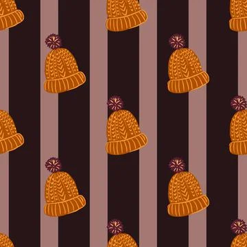 Scandinavian seamless doodle pattern with orange knitted hat elements. Stripe Stock Illustration