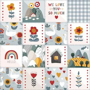 Scandinavian Seamless patchwork pattern with kawaii baby drawing and styliz.. Stock Illustration