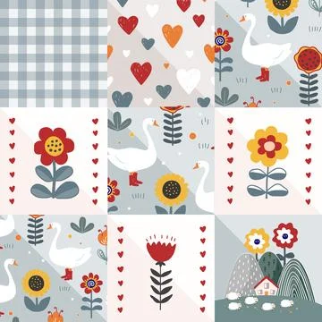 Scandinavian Seamless patchwork pattern with kawaii baby drawing. Flowers, .. Stock Illustration
