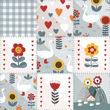 Scandinavian Seamless patchwork pattern with kawaii baby drawing and styliz.. Stock Illustration