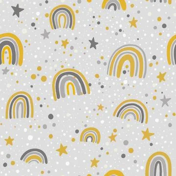 Scandinavian seamless pattern clouds, rain, sun and rainbow. Cute simple doodle イラスト素材