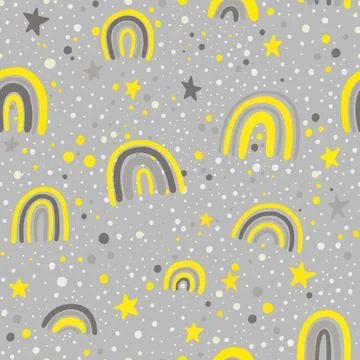 Scandinavian seamless pattern clouds, rain, sun and rainbow. Cute simple doodle Stock Illustration