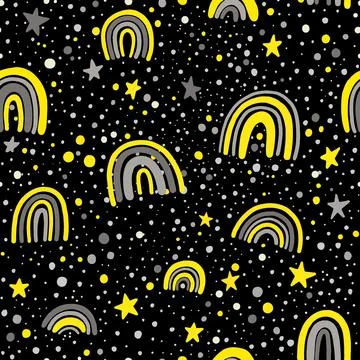 Scandinavian seamless pattern clouds, rain, sun and rainbow. Cute simple doodle Stock Illustration