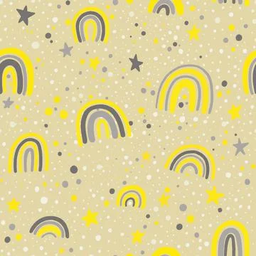 Scandinavian seamless pattern clouds, rain, sun and rainbow. Cute simple doodle Stock Illustration