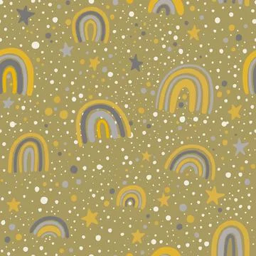 Scandinavian seamless pattern clouds, rain, sun and rainbow. Cute simple doodle Stock Illustration