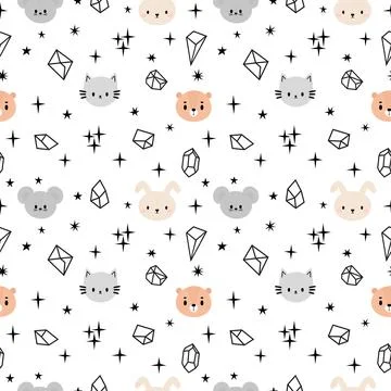 Scandinavian seamless pattern with cute animals. White background. Creative.. Illustrazione stock