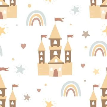 Scandinavian seamless pattern with cute rainbows and castles. Cartoon nursery Stock Illustration