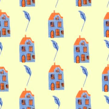 Scandinavian seamless pattern. Nordic winter style. Hygge house with leaves. Stock Illustration