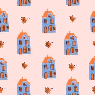 Scandinavian seamless pattern. Nordic winter style. Hygge house and sunflower Stock Illustration