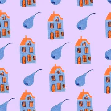 Scandinavian seamless pattern. Nordic winter style. Hygge house and pear. Stock Illustration