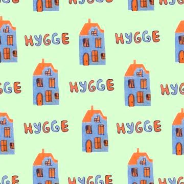 Scandinavian seamless pattern. Nordic winter style. Hygge house and lettering Stock Illustration
