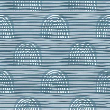 Scandinavian seamless pattern with rainbows and horizontal lines in blue colo Illustrazione stock