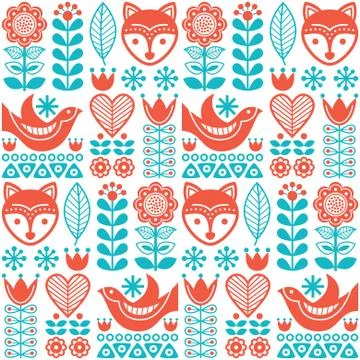 Scandinavian seamless vector folk pattern with flowers and animals Stock Illustration