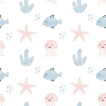 Scandinavian Seamless vector pattern with fishes, sea stars and dots. Summer Stock Illustration