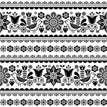 Scandinavian seamless vector pattern with flowers and birds Stock Illustration
