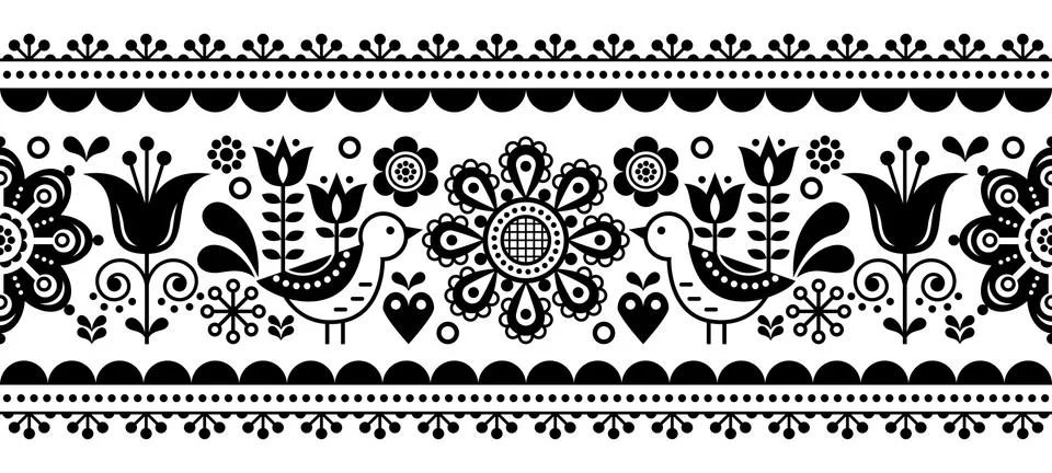 Scandinavian seamless vector pattern with flowers and birds, Nordic folk art Stock Illustration