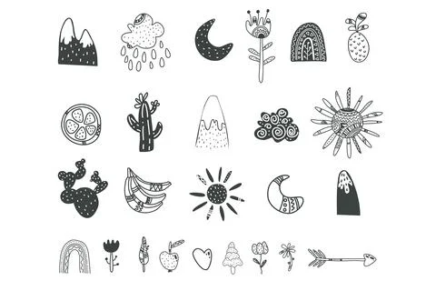 Scandinavian simple childrens elements set. Scandi style doodle plants, fruit 스톡 일러스트