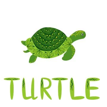 Scandinavian style green turtle with shell hand painted pattern hand drawn an Illustrazione stock