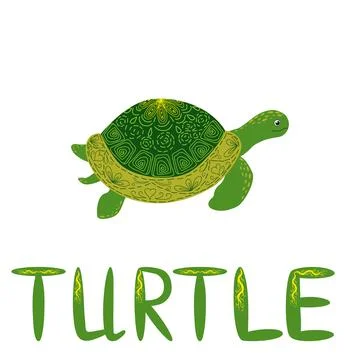 Scandinavian style green turtle with shell hand painted pattern hand drawn an Illustrazione stock