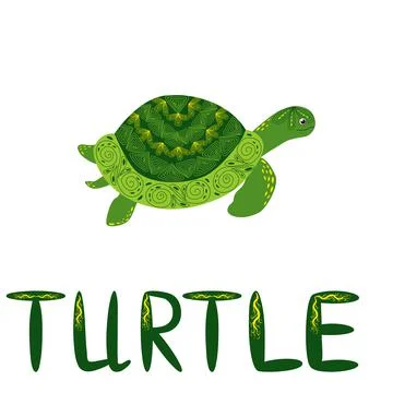 Scandinavian style green turtle with shell hand painted pattern hand drawn an イラスト素材